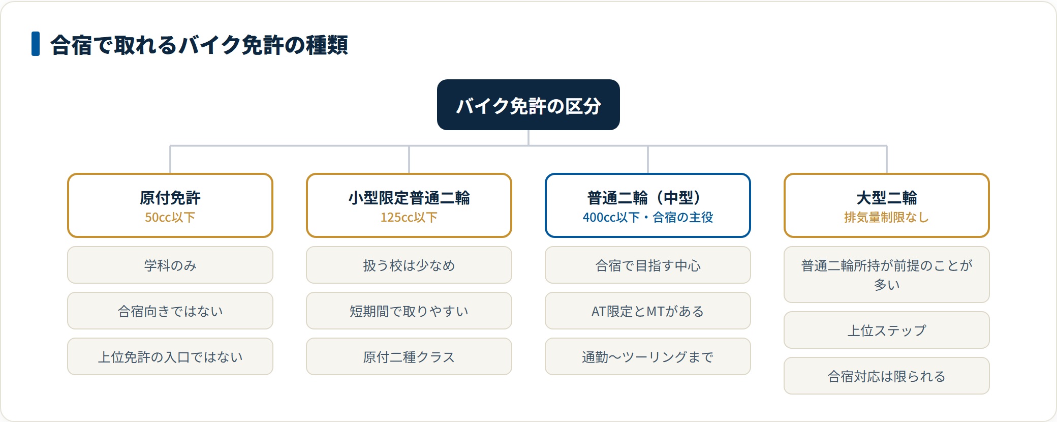 合宿で取れるバイク免許の区分を排気量別に分類した図。