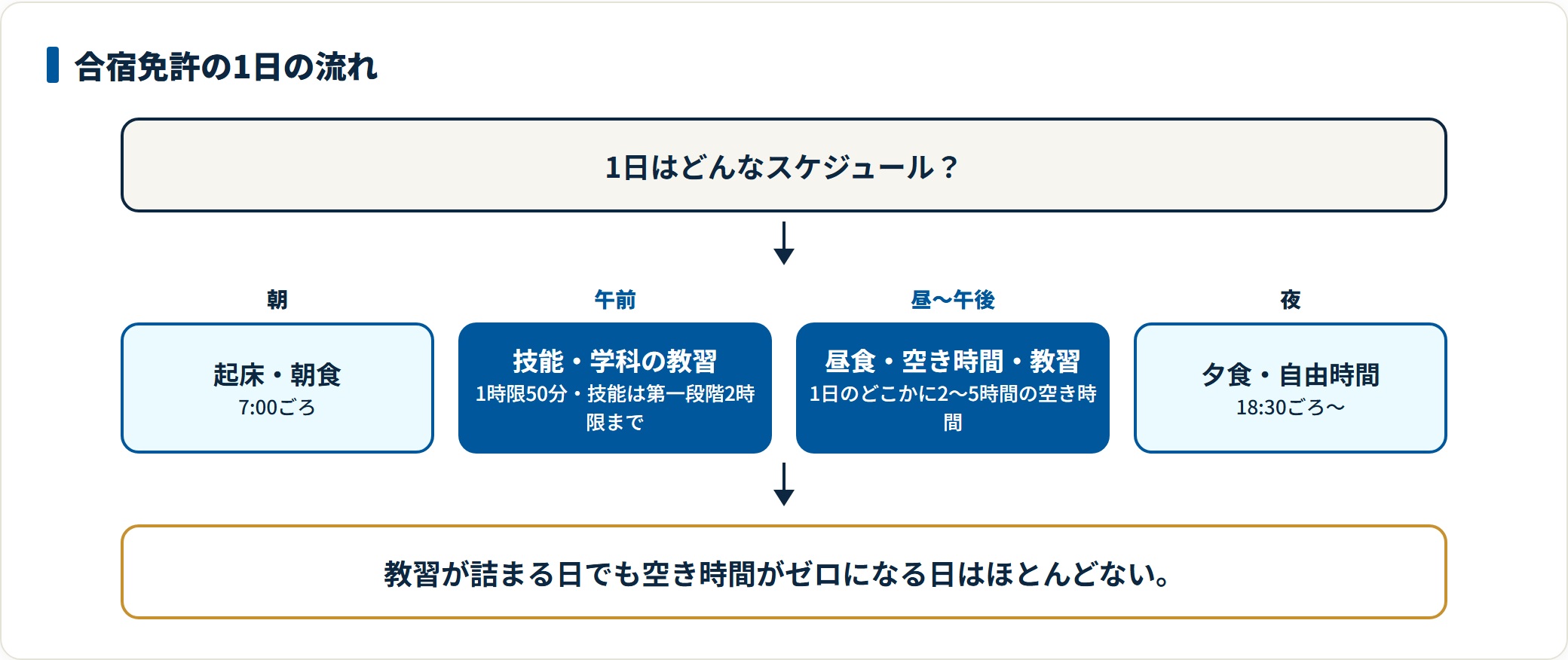 合宿免許の1日のスケジュールを時間帯ごとに示した図。