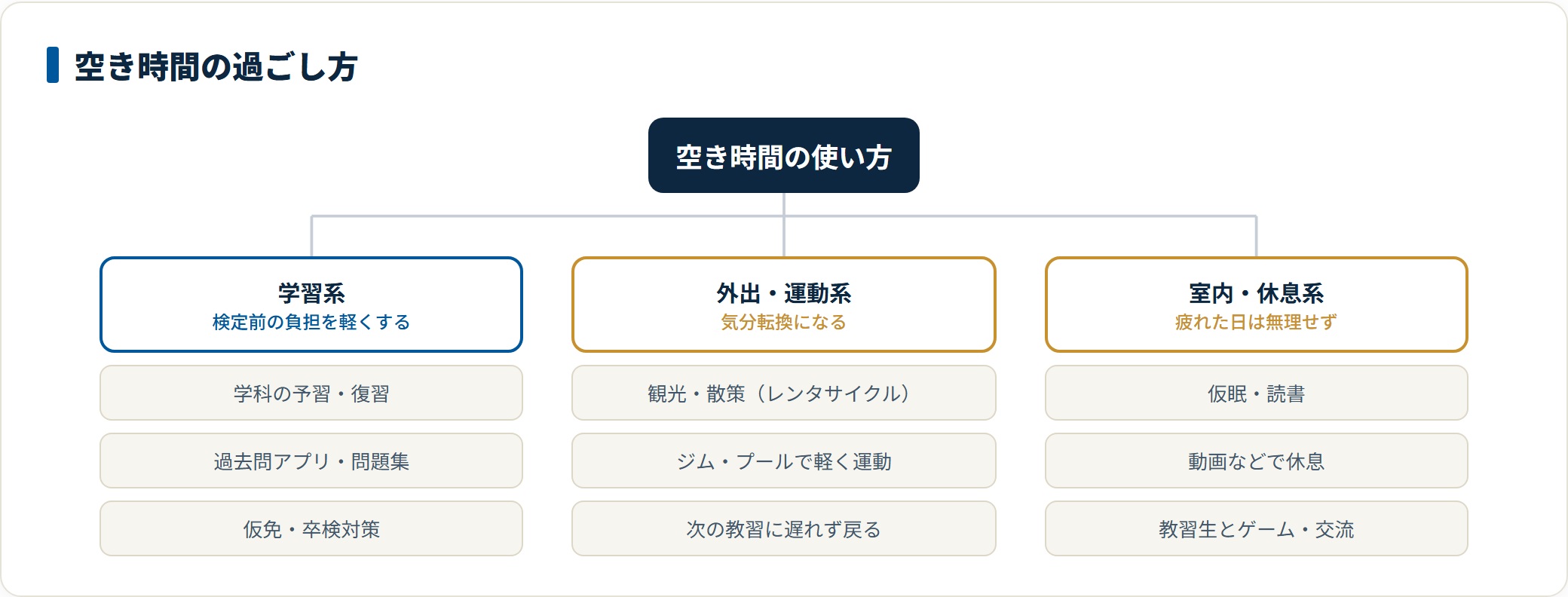 合宿免許の空き時間の過ごし方を学習・外出・休息に分類した図。